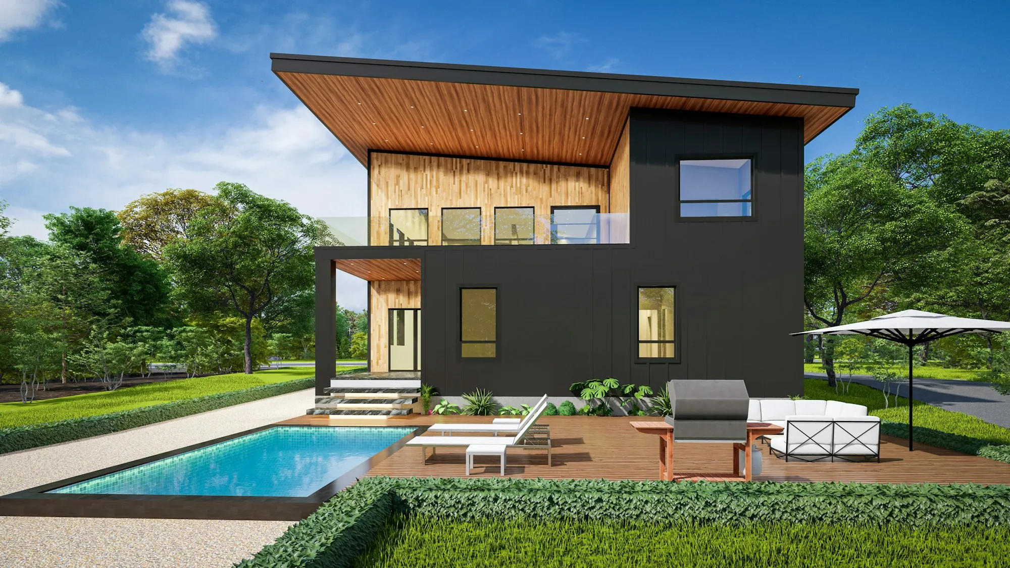 Modern two-story house with dark siding beside a backyard pool